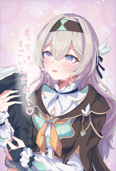 1girl absurdres arm_hug black_hairband black_jacket blue_pupils collared_shirt commentary_request crossed_bangs firefly_(honkai:_star_rail) grey_hair hair_between_eyes hair_intakes hairband heart highres honkai:_star_rail honkai_(series) jacket long_hair long_sleeves multicolored_eyes neckerchief open_mouth orange_neckerchief pink_background purple_eyes shirt sidelocks solo_focus tefutefufu upper_body white_shirt