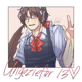 1boy absurdres alternate_costume arthropod_limbs artist_name beard_stubble black-framed_eyewear black-framed_glasses black_dress blush border bow bowtie brown_hair collared_shirt crossdressing crossdressing_(mtf) dress embarrassed english_text enmaided facial_hair frilled_hairband frilled_sleeves frills glasses gregor_(project_moon) hair_between_eyes hair_bow hair_ornament hairband half-closed_eyes hands_up heart highres limbus_company long_hair long_sleeves looking_at_viewer looking_down looking_to_the_side low_ponytail maid maid_headdress male_focus male_maid parted_bangs parted_lips photoshop_(medium) picture_frame pink_background ponytail project_moon red_bow red_bowtie red_ribbon ribbon semi-rimless_eyewear shirt signature simple_background sleeves_rolled_up solo stubble under-rim_eyewear upper_body white_border white_bow white_shirt yellow_eyes