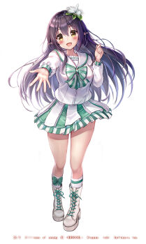1girl akabane_(zebrasmise) black_hair blush boots bow bow_legwear bowtie copyright_notice flower green_bow hair_between_eyes hair_flower hair_ornament long_hair official_art open_mouth pecteilis pointy_ears reaching reaching_towards_viewer shirt simple_background skirt socks solo striped_bow striped_bowtie striped_clothes striped_skirt white_background white_boots white_flower white_shirt white_socks yellow_eyes z/x
