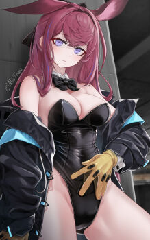 1girl absurdres alternate_costume animal_ears arknights bare_shoulders black_bow black_bowtie black_leotard bow bowtie breasts cleavage covered_navel cowboy_shot gloves groin head_tilt highres leotard long_hair looking_at_viewer medium_breasts mildt off_shoulder playboy_bunny purple_eyes purple_hair rabbit_ears ray_(arknights) solo standing strapless strapless_leotard thighs very_long_hair yellow_gloves