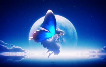 1girl absurdres barefoot black_hair blue_wings butterfly_wings closed_eyes closed_mouth cloud commentary commentary_request dress english_commentary floating_hair from_side full_body full_moon glowing glowing_wings hands_up highres insect_wings long_hair mixed-language_commentary moon nengoro night night_sky original reflection reflective_water ripples scenery signature sky sleeveless sleeveless_dress solo star_(sky) starry_sky white_dress wings