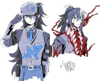 Rule 34 | 1boy, arm strap, bakori 555, black eyes, black gloves, black hair, black shirt, blue pants, body horror, dimension shredder (e.g.o), e.g.o (project moon), extra teeth, fingerless gloves, flesh, gloves, highres, hong lu (project moon), limbus company, male focus, multiple views, pants, project moon, shirt, simple background, w corp. (identity) (project moon), white background, wide-eyed