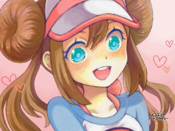 1girl :d art_academy_(medium) blue_eyes brown_hair collarbone commentary_request donut_hair_bun double_bun hair_between_eyes hair_bun heart long_hair nintendo open_mouth pokemon pokemon_bw2 raglan_sleeves rosa_(pokemon) round_teeth saikachi_(ogre_tree) smile solo teeth twintails upper_body upper_teeth_only visor_cap