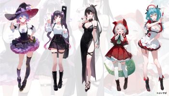 5girls absurdres alternate_costume animal_ear_hood animal_ears ankle_boots aotsuki_remia apron aqua_hair arm_bow arm_strap asymmetrical_legwear back_bow belly_chain belt belt_boots black_belt black_bow black_bowtie black_footwear black_hair black_nails black_skirt bloomers blouse bodice boots bow bowtie bra_strap braid braided_sidelock breasts brown_belt brown_footwear capelet cleavage_cutout clothing_cutout collared_dress colored_inner_hair curled_fingers dirndl double-parted_bangs dress earrings fake_animal_ears fangs fishnet_thighhighs fishnets fold-over_boots fold-over_shoes footwear_bow full_body garter_straps german_clothes ghost green_eyes green_necktie hair_between_eyes hair_bow hair_intakes hair_ornament hairpin halter_dress halterneck hand_on_own_hip hands_on_own_cheeks hands_on_own_face hat hat_bow heart heart_earrings heart_o-ring high-waist_skirt high_heel_boots high_heels high_ponytail highres holding holding_syringe hood hooded_capelet instrument_case instrument_case_on_back jewelry jisaki_jira knee_boots kneehighs kuroha_arya lace lace-trimmed_collar lace-trimmed_dress lace-trimmed_skirt lace-up_boots lace_trim large_breasts layered_skirt long_dress long_hair long_sleeves looking_at_viewer maid maid_apron medium_breasts medium_hair mikure_narin multicolored_hair multicolored_skirt multiple_belts multiple_girls multiple_hairpins necktie nurse_cap o-ring o-ring_thigh_strap one_eye_closed open_mouth orange_bow parted_bangs pinafore_dress pink_eyes pink_hair pink_ribbon plaid_clothes plaid_skirt pleated_dress ponytail puffy_long_sleeves puffy_short_sleeves puffy_sleeves purple_bow purple_eyes purple_hair red_capelet red_dress red_eyes ribbon ribbon-trimmed_dress ribbon_trim shirt short_dress short_hair short_sleeves side_slit sidelocks single_fishnet_legwear single_garter_strap single_thighhigh skirt sleeve_ribbon sleeveless sleeveless_dress small_breasts smile socks solari_riko soybean_(hisoybean) star_(symbol) star_print streaked_hair sweater sweater_tucked_in syringe tail thigh_strap thighhighs tongue tongue_out twin_braids twintails two-tone_hair two-tone_skirt two_side_up unconventional_maid underwear uneven_legwear v virtual_youtuber vspo! vspo!_en waist_bag white_background white_bloomers white_hair white_thighhighs wide_sleeves witch_hat yellow_eyes zoom_layer
