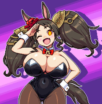 1girl animal_ears black_leotard blush blush_stickers breasts brown_pantyhose cleavage collar covered_navel groin hand_on_own_hip horse_ears horse_girl horse_tail huge_breasts leotard lewdizzle long_hair looking_at_viewer marvelous_sunday_(umamusume) one_eye_closed open_mouth pantyhose pixel_art playboy_bunny salute short_twintails smile solo sparkling_eyes tail twintails umamusume white_collar white_wrist_cuffs wrist_cuffs