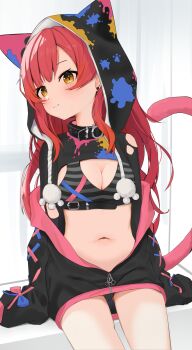 1girl :3 badao belt cat_girl cat_tail cleavage_cutout clothing_cutout commentary_request dot_nose earrings highres hood jacket jewelry long_hair long_sleeves looking_at_viewer midriff navel nekota_tsuna open_clothes open_jacket red_hair sitting tail thighs virtual_youtuber vspo! yellow_eyes