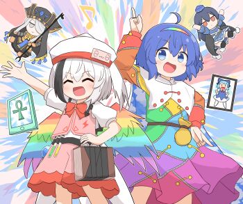2girls :d ^_^ ability_card_(touhou) ahoge ankh belt_pouch black_hair blue_eyes blue_hair blush bow bowtie cape cirno closed_eyes collared_shirt commentary_request coruthi cowboy_shot eighth_note flask frilled_shirt_collar frills fumo_(doll) hand_on_own_hip hat highres hollow_song_of_birds iizunamaru_megumu index_fingers_raised long_sleeves multicolored_hair multiple_girls musical_note open_mouth outstretched_arm patchwork_clothes pink_skirt pink_vest pouch rainbow_hairband rainbow_wings red_bow red_bowtie round-bottom_flask set-taishou shirt short_hair short_sleeves skirt sky_print smile streaked_hair tablet_pc tenkyuu_chimata test_tube torisumi_horou touhou two-sided_cape two-sided_fabric unconnected_marketeers vest white_cape white_hair white_hat white_shirt