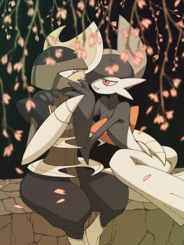 2others alternate_color annoyed arm_blade bisharp black_background blue_hair blue_helmet blurry blurry_foreground branch cherry_blossoms clenched_teeth colored_skin commentary_request crack cracked_wall facing_another falling_petals finger_in_another's_mouth finger_to_another's_mouth gallade gen_4_pokemon gen_5_pokemon grey_helmet grey_trim half-closed_eyes hand_on_another's_back hand_on_another's_chin hand_on_another's_face hand_on_another's_hip hand_on_another's_shoulder helmet highres knees_up leaning_on_person looking_at_another mohawk multicolored_skin multiple_others muted_color nintendo on_wall outdoors petals pokemon pokemon_(creature) pokemon_focus red_eyes shiny_pokemon shoulder_pads sitting teasing teeth tree two-tone_helmet two-tone_skin umi-be-to weapon wide_hips