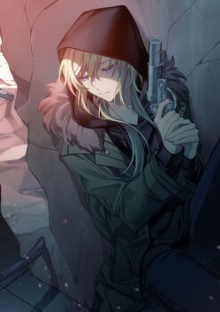 1other androgynous black_hoodie blonde_hair fur-trimmed_jacket fur_trim green_jacket gun handgun highres holding holding_gun holding_weapon hood hood_up hoodie jacket long_hair long_sleeves original partially_shaded_face sweatdrop thx_39 weapon yellow_eyes