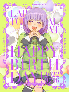 1girl black_skirt blush character_name commentary_request cowboy_shot dated eyelashes fingernails green_jacket happy_birthday jacket lara_tchaikoskaya long_sleeves mixed-language_commentary open_mouth purple_eyes purple_hair shirokumaborder skirt smile solo teeth tiger_&amp;_bunny upper_teeth_only