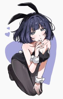 1girl :o alternate_costume animal_ear_hairband animal_ears black_leotard black_pantyhose breasts closed_mouth collarbone commentary_request enu_(brandnewday02) fake_animal_ears fake_tail gakuen_idolmaster hairband hataya_misuzu heart heart_background highres idolmaster kneeling leotard looking_at_viewer medium_breasts mole mole_under_mouth pantyhose playboy_bunny purple_hair rabbit_ear_hairband rabbit_ears rabbit_tail short_hair solo strapless strapless_leotard tail wrist_cuffs