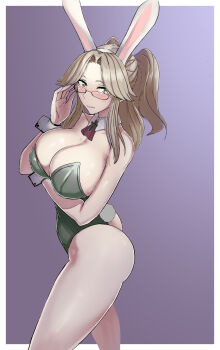 1girl absurdres adjusting_eyewear animal_ear_hairband animal_ears arm_under_breasts ass bare_shoulders black_trim blush border breasts brown_hair cleavage collar collarbone commentary_request detached_collar fake_animal_ears fake_tail glasses green_eyes green_leotard hairband highleg highres imu_(senran_kagura) jeaike_art large_breasts leotard looking_at_viewer medium_hair neckerchief outside_border parted_bangs playboy_bunny purple_background rabbit_ear_hairband rabbit_ears rabbit_tail red_neckerchief rimless_eyewear senran_kagura senran_kagura_shinovi_versus shiny_skin solo standing strapless strapless_leotard tail twintails white_border white_collar white_wrist_cuffs wrist_cuffs
