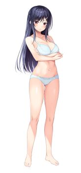 1girl akebi_saki amaemi-longing_for_you- arms_under_breasts bare_arms bare_legs bare_shoulders barefoot blue_bra blue_hair blue_panties blush bra breasts cleavage closed_mouth collarbone crossed_arms frown full_body groin hair_ornament hairclip large_breasts large_variant_set legs long_hair looking_at_viewer navel official_art oryo_(oryo04) panties red_eyes sidelocks simple_background solo standing stomach tachi-e thighs underwear variant_set white_background