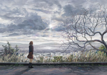 Rule 34 | 1girl, arms at sides, bare tree, black jacket, black shoes, black socks, brown hair, cloud, cloudy sky, commentary request, day, facing away, grass, highres, jacket, long sleeves, medium skirt, mountainous horizon, original, outdoors, overcast, red skirt, road, scenery, school uniform, shoes, short hair, shurock, skirt, sky, socks, solo, standing, sun, town, tree, wide shot
