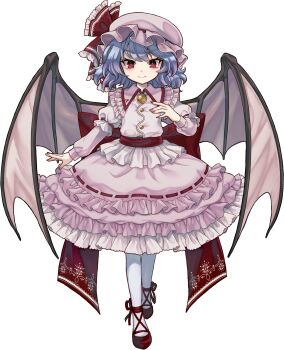 1girl absurdres back_bow bat_wings blue_hair bow closed_mouth collared_shirt frilled_shirt_collar frilled_skirt frills full_body game_cg hat hat_ribbon highres long_sleeves looking_at_viewer marisa_of_liartop_mountain mob_cap non-web_source official_art pantyhose pink_hat pink_shirt pink_skirt red_bow red_eyes red_nails red_shoes remilia_scarlet ribbon ribbon-trimmed_skirt ribbon_trim second-party_source shirt shoes skirt skirt_set smile socha solo touhou transparent_background white_pantyhose wings