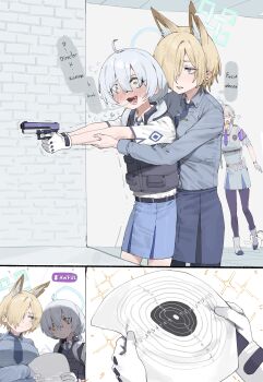 Rule 34 | 1boy, 3girls, absurdres, ahoge, animal ear fluff, animal ears, black pantyhose, blonde hair, blue archive, blue eyes, blue necktie, blue shirt, blue skirt, blush, boots, breast press, bulletproof vest, cropped jacket, dog ears, dog girl, doodle sensei (blue archive), female pervert, fingernails, gloves, grey boots, gun, hair between eyes, handgun, highres, holding, holding gun, holding paper, holding weapon, jacket, kanna (blue archive), kanna (young) (blue archive), kirino (blue archive), lonklink, looking ahead, looking at another, mood (umamusume), multiple girls, necktie, nervous sweating, official alternate hairstyle, open mouth, pantyhose, paper, parted lips, pervert, purple necktie, purple pantyhose, sensei (blue archive), sharp fingernails, shirt, short hair, skirt, sweat, valkyrie police academy student (sg) (blue archive), weapon, white gloves, white hair, white jacket, white shirt, yellow eyes