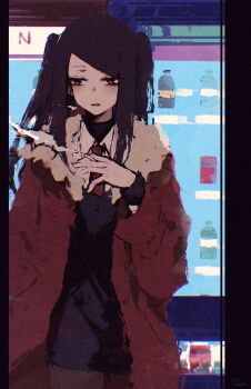 1girl absurdres black_hair blush cigarette coat commentary dated_commentary highres holding holding_cigarette jill_stingray long_hair long_sleeves necktie open_mouth pantyhose red_coat red_eyes red_necktie rnna smoke solo two_side_up va-11_hall-a vending_machine