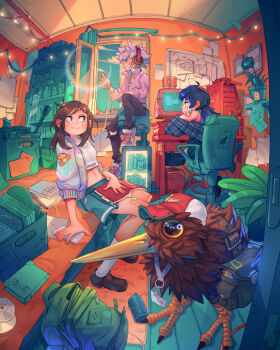 1boy 2girls absurdly_detailed_composition ahoge aqua_skirt aqua_sweater backpack bag bandaid bandaid_on_arm bandaid_on_cheek bandaid_on_face bandaid_on_knee bandaid_on_leg baseball_cap bird black_pants blue_hair blue_shirt blue_sky book bookshelf brown_hair brown_shoes bulletin_board cd chair clothes_around_waist cloud commentary computer computer_tower crate crop_top curtains day desk fisheye hat headphones holding holding_book holding_phone indoors jacket kiwi_(bird) lanyard lens_flare loaded_interior looking_at_another looking_at_phone medium_hair minifridge monitor multicolored_jacket multiple_girls navel off_shoulder office_chair on_bed on_chair on_windowsill open_window original pants phone picture_frame pink_hair pink_shirt plaid_clothes plaid_shirt plant pleated_skirt ponytail potted_plant profile rug shirt shoes short_hair simz sitting skirt sky socks string_of_light_bulbs sunlight sweater sweater_around_waist swivel_chair torn_clothes torn_pants vinyl_record white_shirt white_shoes white_socks window wooden_floor