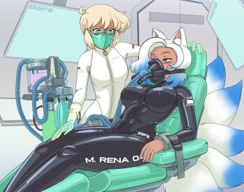 animal_ears bodysuit bsfs cat_ears glasses gloves janine_flores laboratory latex latex_bodysuit latex_gloves monitor mouth_mask strapped_down surgical_mask tagme