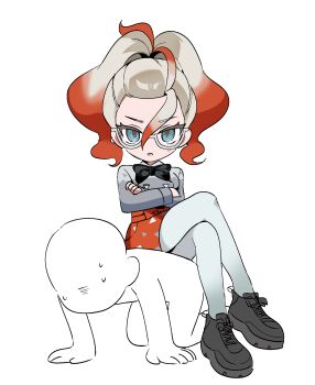 1girl 1other apron assertive_female black_bow black_bowtie black_shoes blue_eyes bow bowtie chibi chibi_only commentary_request crossed_arms crossed_legs ebi_(shrimp_eleven) eyelashes glasses grey-framed_eyewear grey_shirt griselle_(pokemon) hair_between_eyes highres looking_at_viewer multicolored_hair nintendo pantyhose pokemon pokemon_legends:_z-a print_apron shirt shoes simple_background sitting sitting_on_another's_back triangle_print two-tone_hair waist_apron white_background