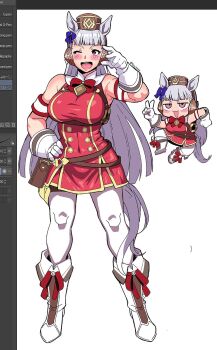 1girl animal_ears armband art_program_in_frame belt_pouch blunt_bangs blush boots bow bowtie breasts brown_hat chibi dress ear_bow full_body gloves gold_ship_(red_strife)_(umamusume) gold_ship_(umamusume) grey_hair hat highres horse_ears horse_girl horse_tail large_breasts leggings long_hair looking_at_viewer one_eye_closed open_mouth osa_(osavocaloid) pantyhose pillbox_hat pouch purple_eyes red_armband red_bow red_bowtie red_dress sleeveless sleeveless_dress smile striped_armband striped_clothes tail thigh_strap umamusume v white_armband white_boots white_gloves white_leggings white_pantyhose