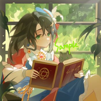 Rule 34 | 1girl, asymmetrical bangs, black cat, book, brooch, brown hair, cat, closed mouth, day, dot nose, eyelashes, feathers, gem, green eyes, hat, hat feather, holding, holding book, indoors, jewelry, liu letian, long sleeves, looking at viewer, medium hair, mole, mole under eye, open book, original, parted bangs, plant, red gem, sample watermark, sitting, solo, sunlight, watermark, white feathers, window