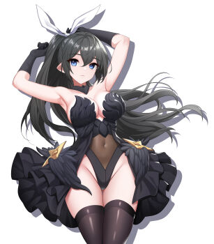 1girl absurdres black_gloves black_hair black_leotard black_thighhighs blue_eyes breasts cleavage commentary covered_navel dopamine70 gloves highleg highleg_leotard highres large_breasts leotard long_hair original pointy_ears ponytail ribbon showgirl_skirt simple_background solo symbol-only_commentary thigh_gap thighhighs white_background white_ribbon