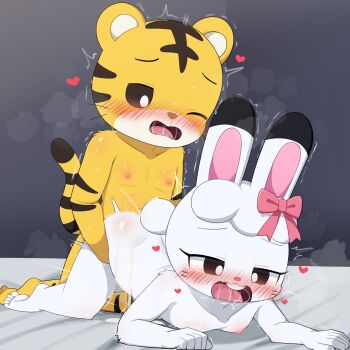0227_(art_0227) 1boy 1girl animal_ears black_eyes blush body_fur bow breath character_request collarbone colored_sclera commentary_request completely_nude drooling furry furry_female furry_male furry_with_furry heart hetero highres interspecies kodomo_doushi midorihara_mimirin nipples nose_blush nude one_eye_closed open_mouth pink_bow rabbit_ears rabbit_girl rabbit_tail saliva sex sex_from_behind shima_shima_tora_no_shimajirou tail tiger_ears tiger_tail trembling white_fur yellow_fur