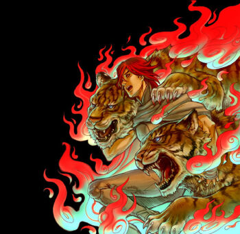 1boy animal animal_ears black_background blue_eyes bodysuit burning claws commentary_request demon_(megami_tensei) digital_devil_saga fangs fire gdon_(megami_tensei) grey_bodysuit grey_cloak heat_(dds) holding holding_animal looking_to_the_side male_focus open_mouth rebasashi red_hair shin_megami_tensei short_hair striped_fur tiger tiger_ears tiger_stripes