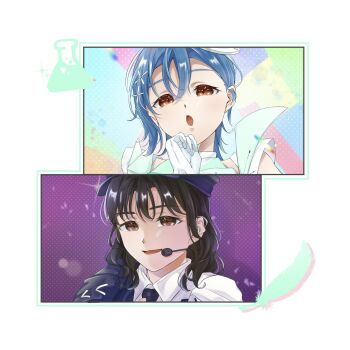 2girls :o animification black_hair blue_hair brown_eyes collared_shirt erlenmeyer_flask fantastic_(liella!) feathers flask gloves hand_up headset highres looking_at_viewer love_live! love_live!_superstar!! multiple_girls official_alternate_costume ookuma_wakana open_mouth orange_eyes real_life shekira_(love_live!) shirt special_color_(love_live!) voice_actor voice_actor_connection wakana_shiki white_gloves wotaku_jinsei_enjoy_ikioi