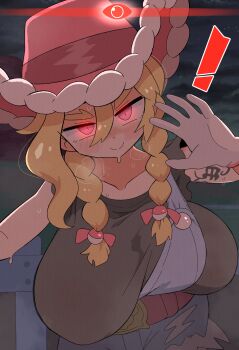 ! 1girl absurdres arm_tattoo blonde_hair blue_overalls braid breasts collarbone commentary_request cowboy_hat fur-trimmed_headwear fur_trim gloves hat highres kitt_(pokemon) kurachi_mizuki large_breasts looking_at_viewer nintendo overalls pokemon pokemon_champions red_eyes red_hat smile solo sweat tattoo twin_braids white_gloves