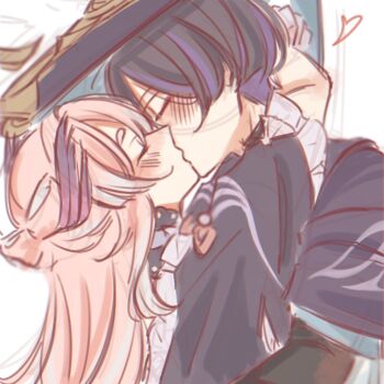 1boy 1girl armor arms_around_neck black_hair black_hat black_kimono black_sleeves blue_cape blue_sleeves blunt_ends blush bow-shaped_hair bridal_gauntlets cape closed_eyes colored_eyebrows couple eyelashes eyeliner eyeshadow facing_another fin_hair_ornament frilled_sleeves frills from_side genshin_impact gloves gold grey_bridal_gauntlets hat heart height_difference hetero highres hug japanese_armor japanese_clothes jingasa kimono kiss kote kurokote layered_sleeves long_hair makeup multicolored_hair pink_hair profile raised_eyebrow red_eyeliner red_eyeshadow sangonomiya_kokomi scaramouche_(genshin_impact) short_eyebrows short_sleeves sketch streaked_hair three-quarter_sleeves two-sided_fabric two-sided_headwear umeivy wanderer_(genshin_impact) white_background white_gloves white_trim wide_sleeves