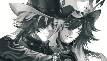 Rule 34 | 2boys, arm around shoulder, arm tattoo, ashveil (honkai: star rail), black hair, boothill (honkai: star rail), bracelet, bright pupils, buttons, cbltblxx, closed eyes, closed mouth, cowboy hat, fedora, fingernails, gradient hair, greyscale, hair between eyes, hair over one eye, hashtag-only commentary, hat, hat ornament, highres, honkai: star rail, honkai (series), jewelry, long hair, male focus, mole, monochrome, multicolored hair, multiple boys, sidelocks, simple background, streaked hair, tattoo, turtleneck, twitter username, white hair, zipper