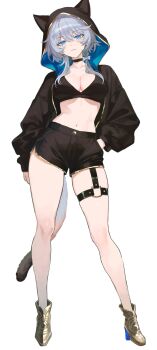 Rule 34 | 1girl, :3, absurdres, animal ears, black choker, blue eyes, bow, braid, breasts, cat ears, cat girl, cat tail, choker, cipher (honkai: star rail), cleavage, demigoddess, duplicate, grey hair, hair between eyes, high heels, highres, honkai: star rail, honkai (series), hood, hoodie, large breasts, looking at viewer, midriff, mole, multicolored eyes, nanjo maya, navel, shorts, side braid, tail, thigh strap, thighs, two-tone eyes, white background, white bow