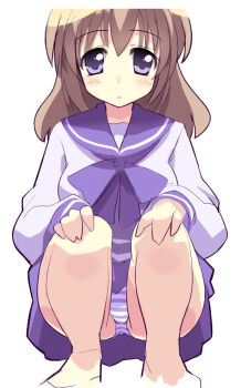 Rule 34 | 1girl, blush, brown hair, female focus, long hair, miniskirt, original, panties, pantyshot, purple eyes, purple panties, purple theme, school uniform, serafuku, skirt, solo, squatting, striped clothes, striped panties, underwear, upskirt
