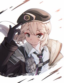 1girl beret black_gloves black_hat black_necktie brown_coat brown_eyes chest_strap cheyanne_(girls&#039;_frontline_2) coat collared_shirt commentary cropped_torso double-parted_bangs girls&#039;_frontline girls&#039;_frontline_2:_exilium gloves grey_hair hair_between_eyes hand_up hat highres hood hood_down hooded_coat jiwon_(sj1) long_hair long_sleeves looking_at_viewer low_ponytail m200_(girls&#039;_frontline) necktie open_clothes open_coat ponytail shirt sidelocks solo upper_body walkie-talkie white_background white_shirt