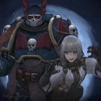 1boy 1girl adeptus_astartes armor black_gloves blue_armor blue_helmet chain claw_pose commentary crossover diao_guo_yu english_commentary facing_viewer girls&#039;_frontline gloves grey_hair helmet highres jacket medium_hair night_lords open_mouth pauldrons power_armor purple_eyes roman_numeral rpk-16_(girls&#039;_frontline) shoulder_armor size_difference skull twitter_username warhammer_40k white_hair white_jacket winged_helmet winged_skull