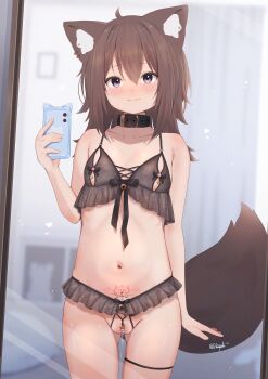 1girl absurdres animal_ear_fluff animal_ears artist_name bell belt_collar black_bra black_collar black_panties blurry blurry_background blush bra breasts brown_hair cellphone closed_mouth collar collarbone commentary_request cowboy_shot crotchless crotchless_panties fox_ears fox_girl fox_tail groin highres hinata_(user_rjkt4745) holding holding_phone jingle_bell lingerie long_hair looking_at_viewer mirror mirror_selfie navel nipples original paid_reward_available panties pearl_thong phone pubic_tattoo purple_eyes reflection reflection_focus selfie signature small_breasts smartphone smartphone_case solo tail tattoo thigh_strap underwear wavy_mouth