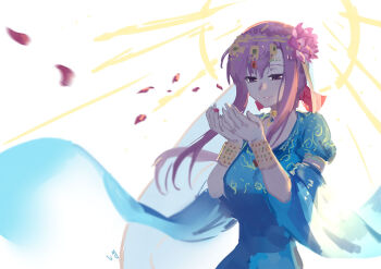 1girl blue_dress club3 commentary_request diadem dress fate/grand_order fate_(series) female_focus flower graphite_(medium) hair_flower hair_ornament hands_up jewelry long_hair lotus matou_sakura necklace own_hands_together parvati_(fate) parvati_(final_ascension)_(fate) petals purple_eyes purple_hair signature smile solo standing traditional_media wide_sleeves