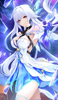 1boy 1girl bare_shoulders blue_dress blue_gloves blue_thighhighs breasts dress earrings elbow_gloves genshin_impact gloves hair_ornament highres jewelry kaji_zarame large_breasts long_hair looking_at_viewer red_eyes short_dress skirk_(genshin_impact) solo_focus tartaglia_(genshin_impact) thighhighs thighs two-tone_dress white_dress white_hair