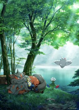 1boy blonde_hair blue_flower blue_jumpsuit blue_rose boots brown_bag brown_boots closed_eyes closed_mouth fangs flower fur-trimmed_jumpsuit fur_trim gen_4_pokemon ginkgo_guild_uniform hair_over_one_eye highres hisuian_arcanine jumpsuit lake long_sleeves nintendo no_ichigo outdoors pokemon pokemon_(creature) pokemon_legends:_arceus red_flower red_rose rose roserade sleeping togekiss tree volo_(pokemon) water wings