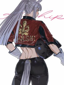 1girl absurdres ammi_(mayflyaa) animal_ears back black_pants blunt_bangs gloves gold_ship_(umamusume) hand_on_own_hip helmet high_ponytail highres horse_ears horse_girl horse_tail jacket motorcycle_helmet pants ponytail puffy_short_sleeves puffy_sleeves purple_eyes red_jacket short_sleeves solo tail umamusume unworn_headwear unworn_helmet white_background white_gloves white_hair