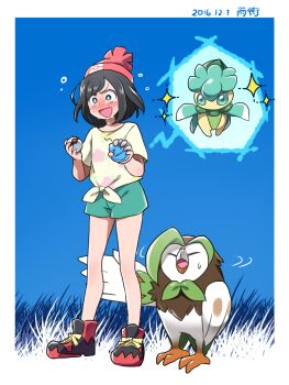 1girl alternate_color amemachi_(nono_a) beanie black_hair border dartrix fomantis full_body gen_7_pokemon green_shorts hat holding holding_poke_ball nintendo open_mouth poke_ball pokemon pokemon_(creature) pokemon_sm premier_ball red_footwear red_hat selene_(pokemon) shiny_pokemon shirt shorts sparkle sweatdrop tears white_border yellow_shirt