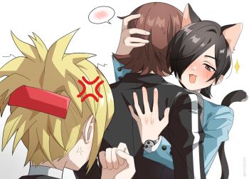 1girl 2boys :3 anger_vein animal_ears black_hair blonde_hair blush brown_eyes brown_hair cat_boy cat_ears cat_tail clenched_hand gakuran hair_over_one_eye highres hug jacket jealous kasugayama_high_school_uniform kurosu_jun lisa_silverman long_sleeves multiple_boys open_mouth persona persona_2 persona_2_tsumi risuko.exe_(artist) school_uniform seven_sisters_high_school_uniform short_hair smile smug sparkle spoken_blush suou_tatsuya sweatdrop tail twitter_username watch white_background wristwatch yaoi