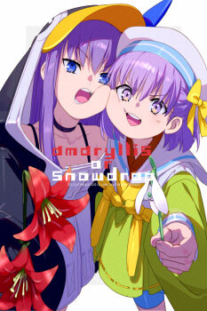 2girls animal_hood bare_shoulders bikini black_bikini black_jacket blue_bow blue_eyes blue_shorts bow breasts cheek-to-cheek choker commentary_request echo_(circa) fate/grand_order fate_(series) flower green_kimono hair_bow hat heads_together hood hood_up jacket japanese_clothes kazuradrop_(fate) kazuradrop_(first_ascension)_(fate) kimono long_hair long_sleeves looking_at_viewer meltryllis meltryllis_(fate) meltryllis_(swimsuit_lancer)_(fate) meltryllis_(swimsuit_lancer)_(first_ascension)_(fate) multiple_girls open_mouth penguin_hood purple_eyes purple_hair sailor_collar short_hair short_kimono shorts sleeves_past_fingers sleeves_past_wrists small_breasts swimsuit tassel white_hat white_sailor_collar wide_sleeves yellow_bow