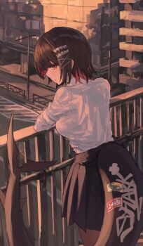 1girl absurdres black_hair black_skirt breasts colored_inner_hair commentary_request ellen_joe fins fish_tail highres mole mole_under_eye muginosa multicolored_hair railing red_eyes red_hair road school_uniform shark_girl shark_tail shirt short_hair skirt solo standing sunset tail two-tone_hair white_shirt zenless_zone_zero