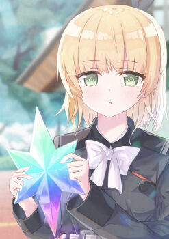 1girl absurdres blonde_hair bow bowtie commentary_request crystal green_eyes heaven_burns_red highres holding looking_at_viewer makegumigumi nanase_nanami_(heaven_burns_red) short_hair white_bow white_bowtie
