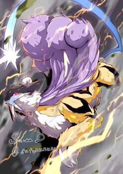 animal_focus claws commentary electricity english_commentary fangs gen_2_pokemon glowing glowing_eyes legendary_pokemon nintendo no_humans pokemon pokemon_(creature) pokemon_focus purple_eyes raikou sawa_d solo tail tusks yellow_fur