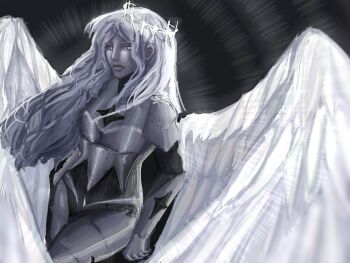 Rule 34 | 1girl, arm guards, armor, breastplate, colored skin, cowboy shot, crown, feathered wings, grey eyes, grey skin, highres, long hair, looking at viewer, michelle 7890, nephis (shadow slave), shadow slave, shoulder armor, solo, white hair, white wings, wings