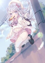Rule 34 | 1girl, backpack, bag, beret, black footwear, blue eyes, blush, bow, bread, bread slice, commentary request, double bun, feathered wings, feathers, floating hair, food, food in mouth, full body, grey hair, hair bow, hair bun, hat, highres, hoshi (snacherubi), loafers, long hair, long sleeves, looking at viewer, midriff peek, mini wings, mouth hold, navel, original, panties, panty peek, pink sailor collar, pink skirt, pleated skirt, power lines, puffy long sleeves, puffy sleeves, red bow, sailor collar, school uniform, serafuku, shirt, shoes, skirt, sleeves past wrists, small sweatdrop, solo, sweat, thighhighs, toast, toast in mouth, underwear, utility pole, very long hair, white feathers, white hat, white panties, white shirt, white thighhighs, white wings, wing hair ornament, wings